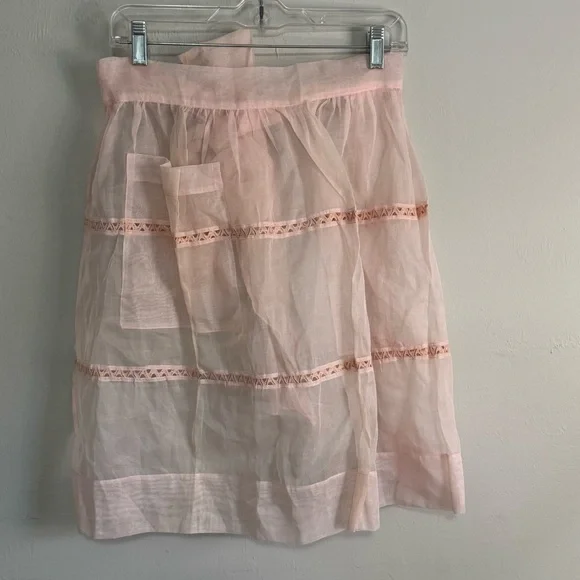 Vintage Pink Sheer Metallic Ric Rac Trim Apron Hand Made OOAK Pocket 22” Long - Picture 1 of 4